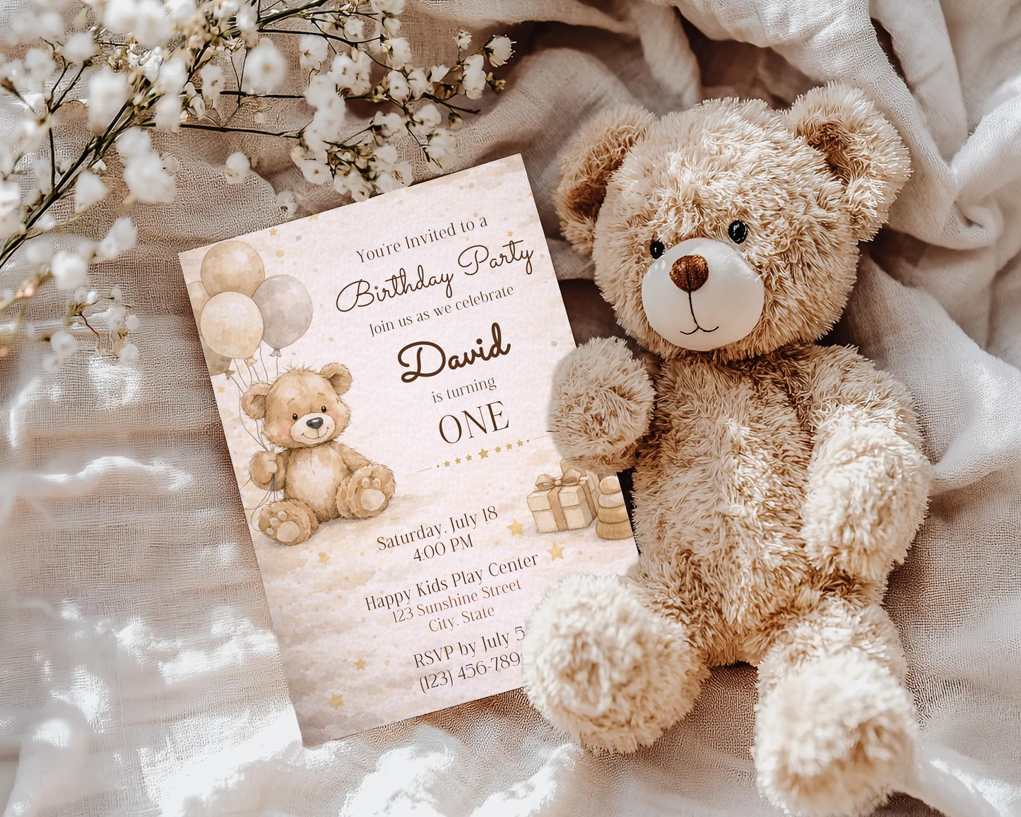 Beige Teddy Bear Birthday Invitation Template