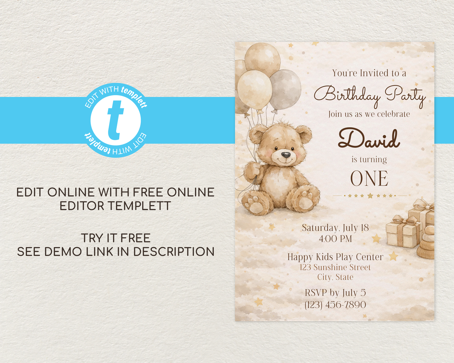Beige Teddy Bear Birthday Invitation Template