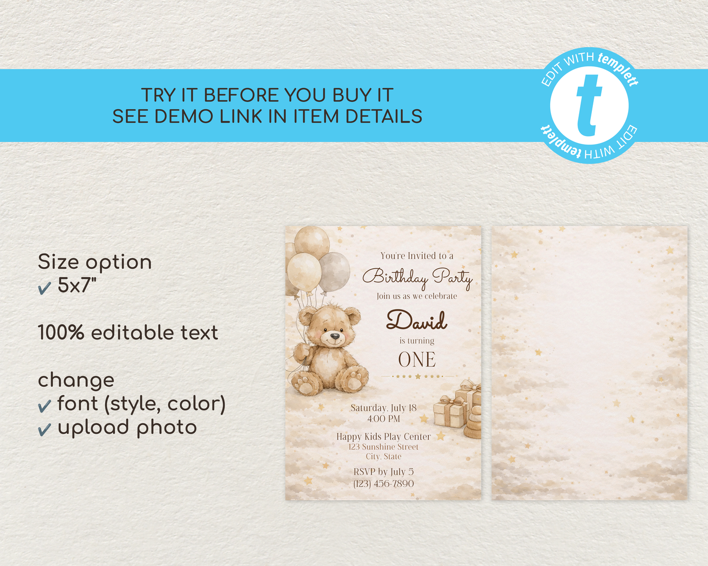 Beige Teddy Bear Birthday Invitation Template