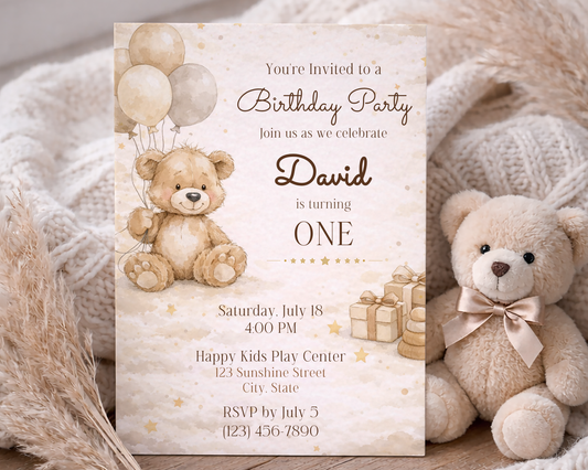 Beige Teddy Bear Birthday Invitation Template