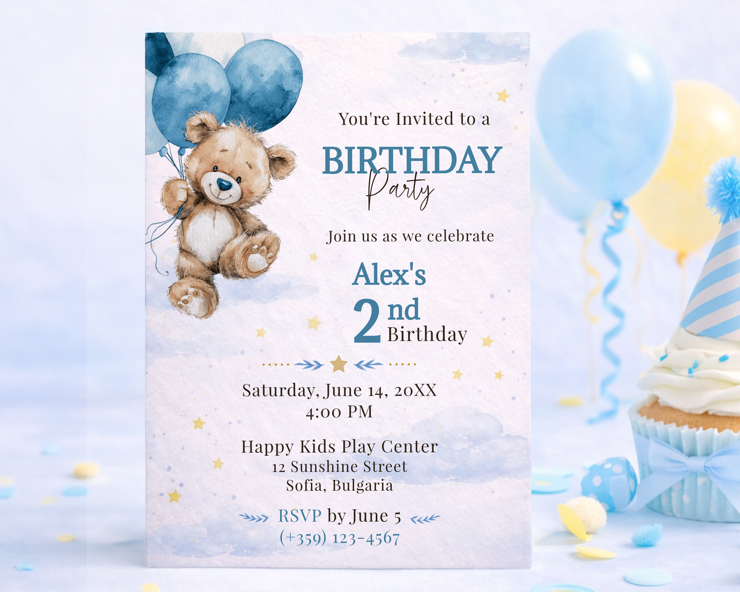 Blue Teddy Bear Birthday Invitation Template