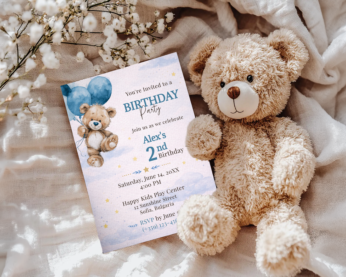 Blue Teddy Bear Birthday Invitation Template