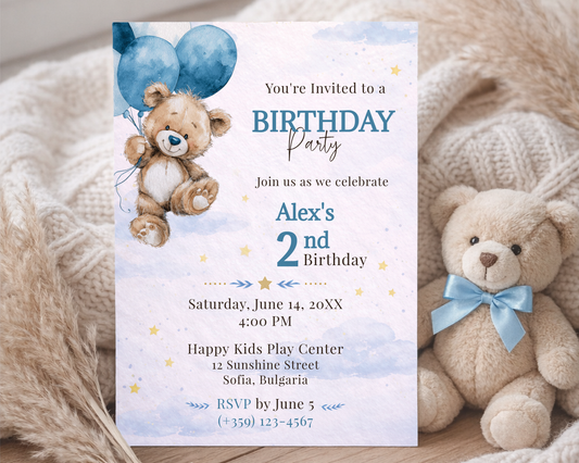 Blue Teddy Bear Birthday Invitation Template