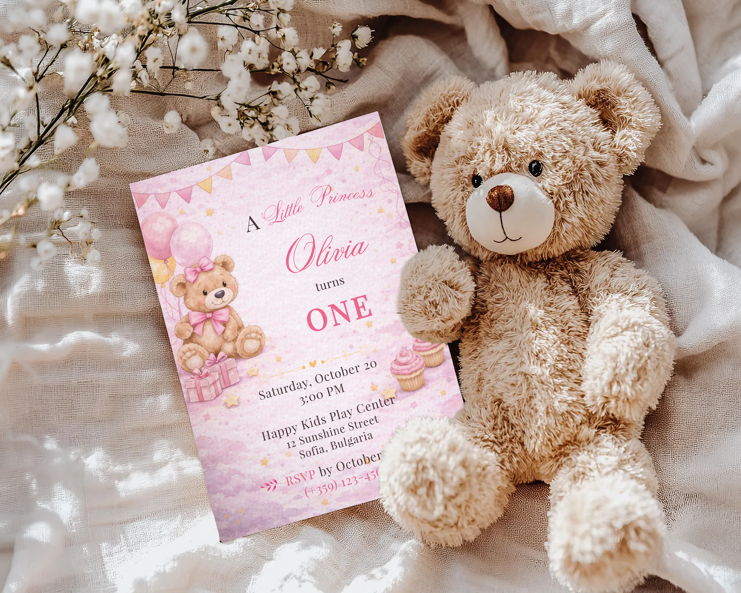 Pink Teddy Bear Birthday Invitation Template