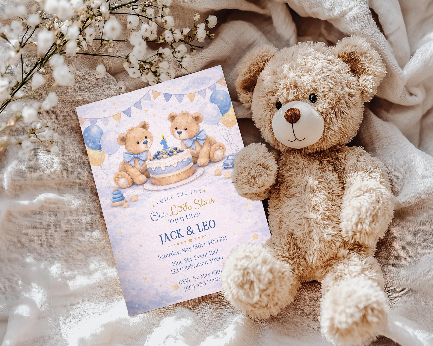 Blue Teddy Bear Birthday Invitation Template for Twin Boys - 1st, 2nd, 3rd Birthday