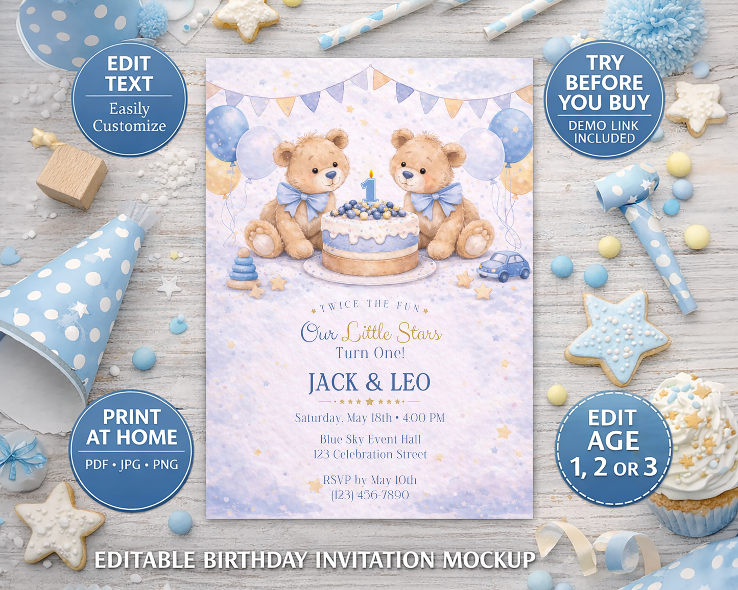 Blue Teddy Bear Birthday Invitation Template for Twin Boys - 1st, 2nd, 3rd Birthday