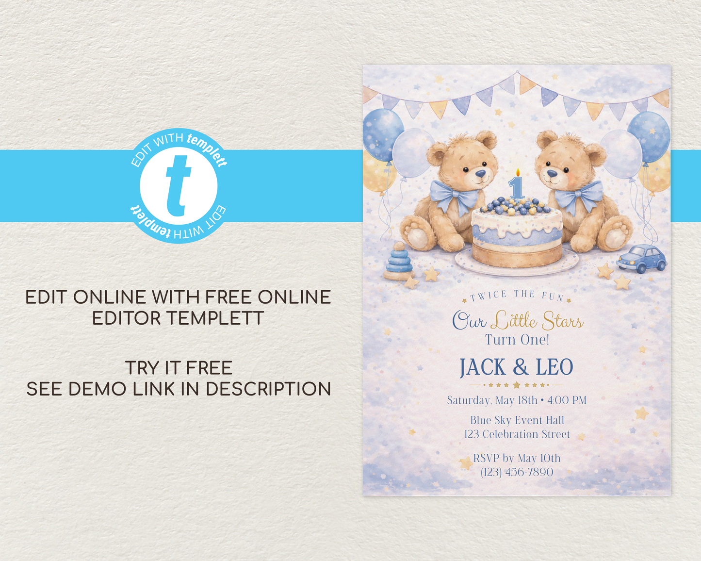 Blue Teddy Bear Birthday Invitation Template for Twin Boys - 1st, 2nd, 3rd Birthday