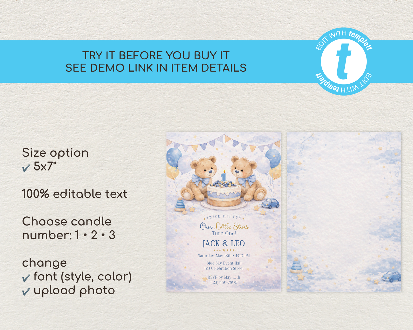Blue Teddy Bear Birthday Invitation Template for Twin Boys - 1st, 2nd, 3rd Birthday