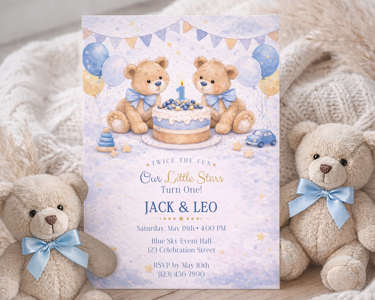 Blue Teddy Bear Birthday Invitation Template for Twin Boys - 1st, 2nd, 3rd Birthday