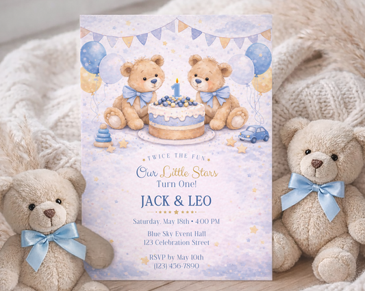 Blue Teddy Bear Birthday Invitation Template for Twin Boys – 1st, 2nd, 3rd Birthday