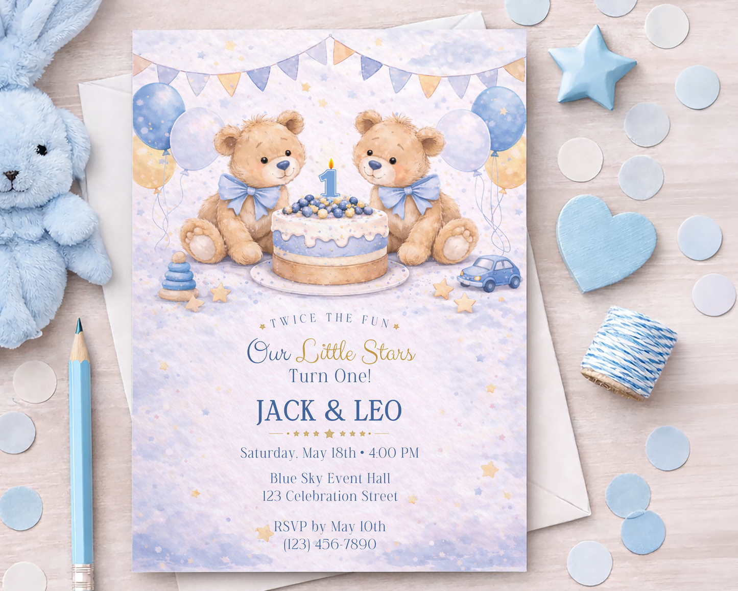 Blue Teddy Bear Birthday Invitation Template for Twin Boys - 1st, 2nd, 3rd Birthday
