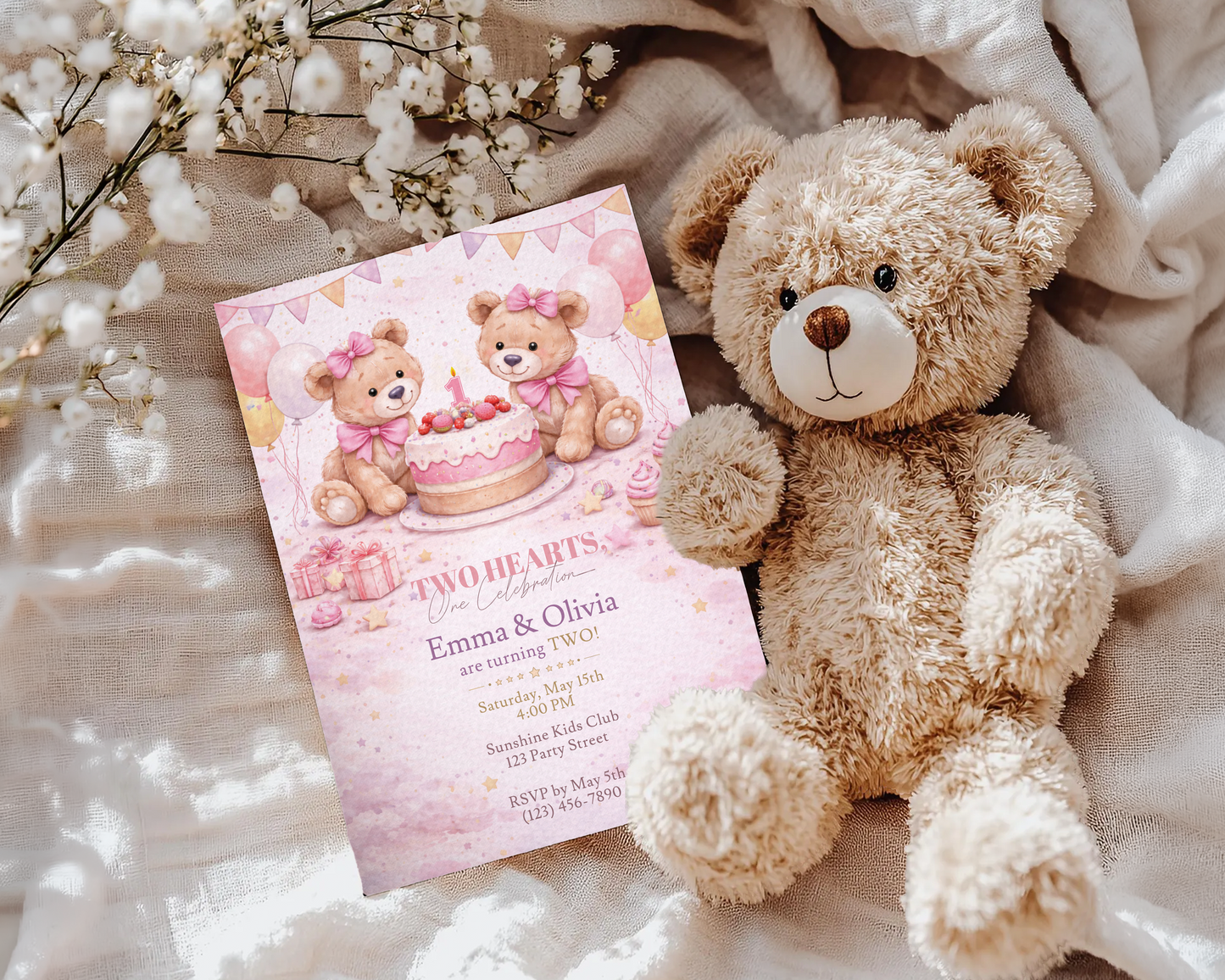 Pink Teddy Bear Birthday Invitation Template for Twin Girls - 1st, 2nd, 3rd Birthday