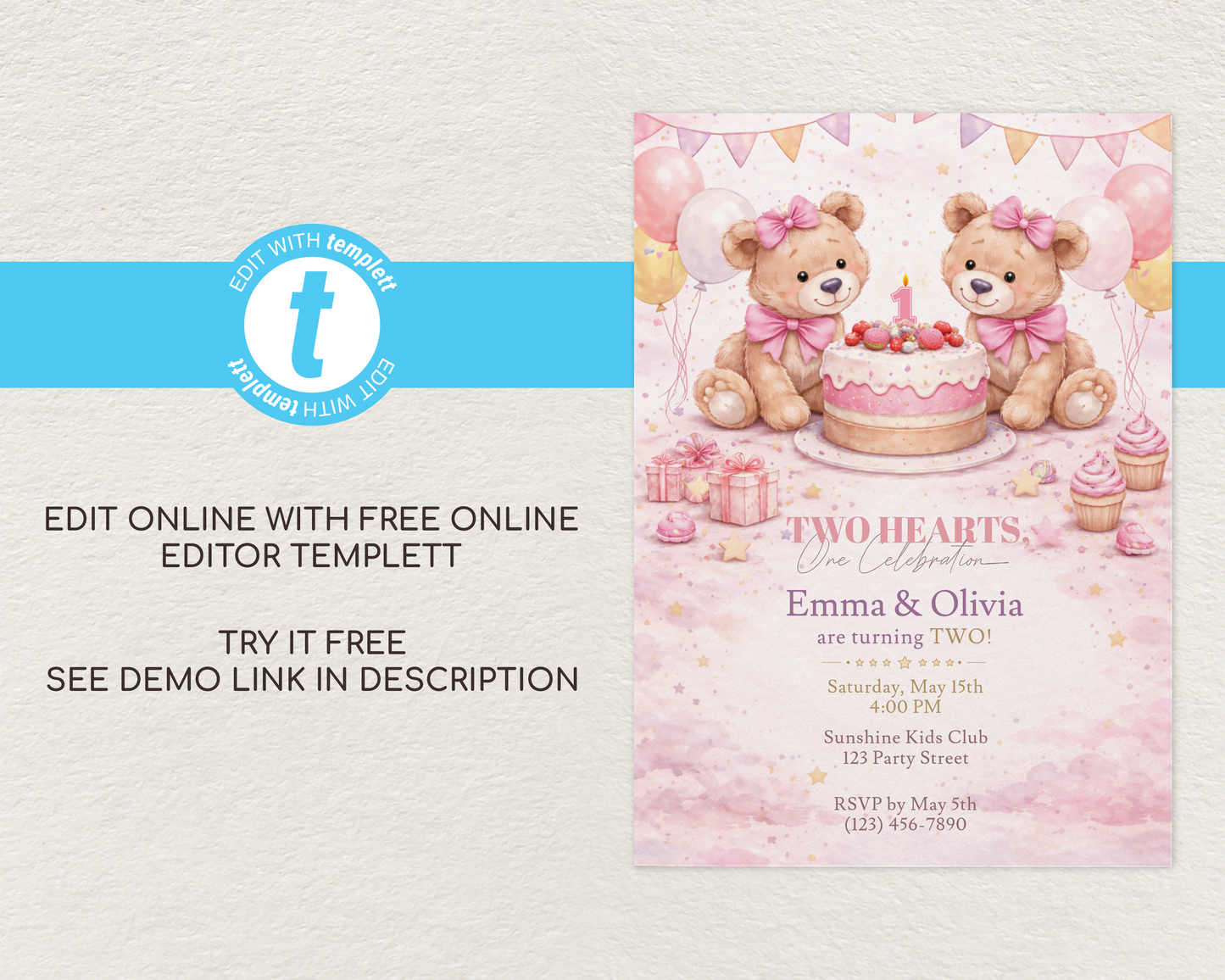 Pink Teddy Bear Birthday Invitation Template for Twin Girls - 1st, 2nd, 3rd Birthday