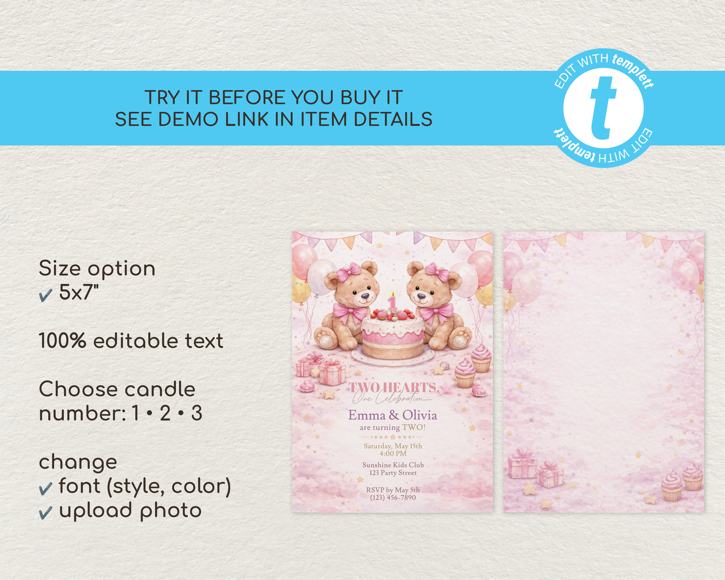 Pink Teddy Bear Birthday Invitation Template for Twin Girls - 1st, 2nd, 3rd Birthday