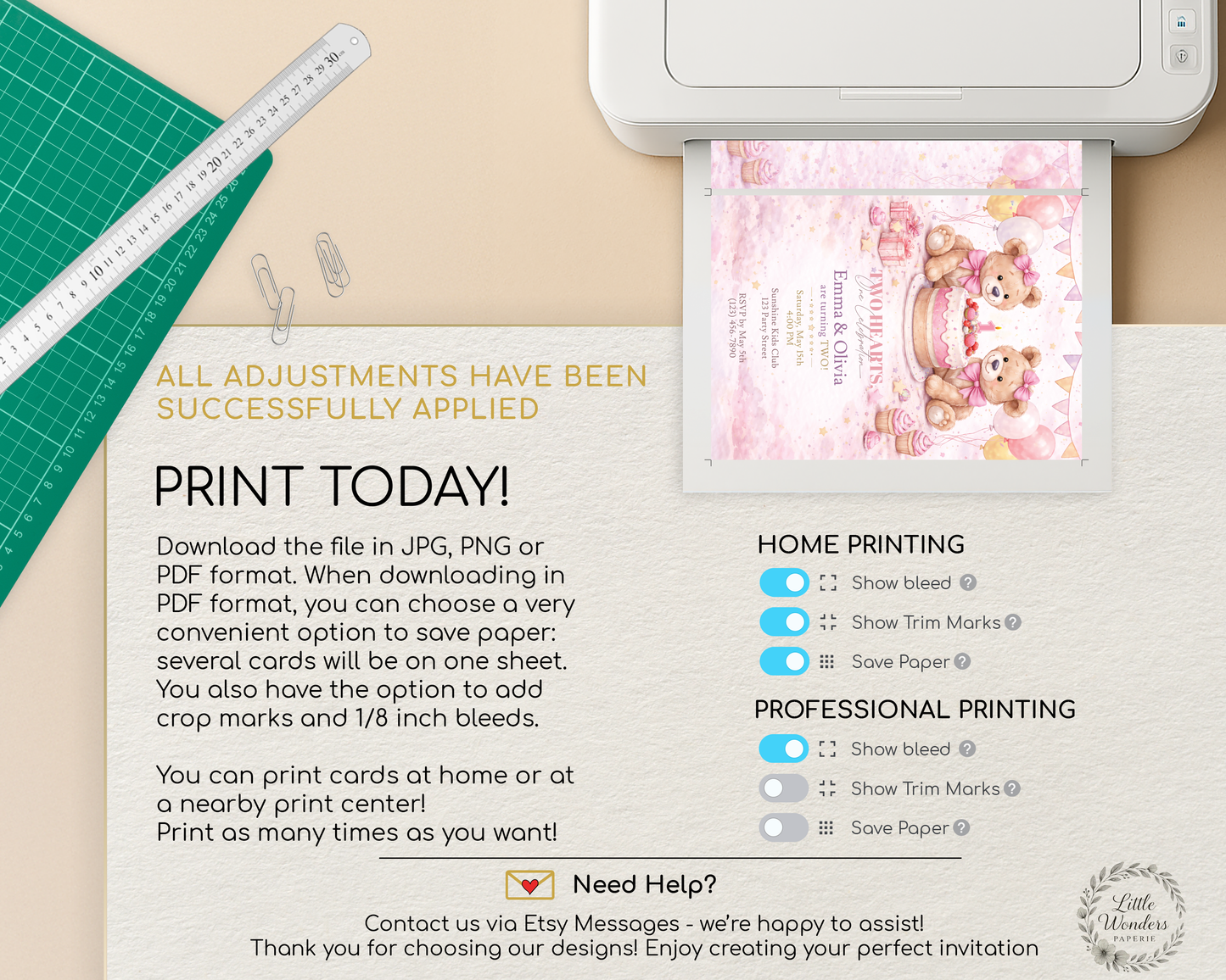Pink Teddy Bear Birthday Invitation Template for Twin Girls - 1st, 2nd, 3rd Birthday