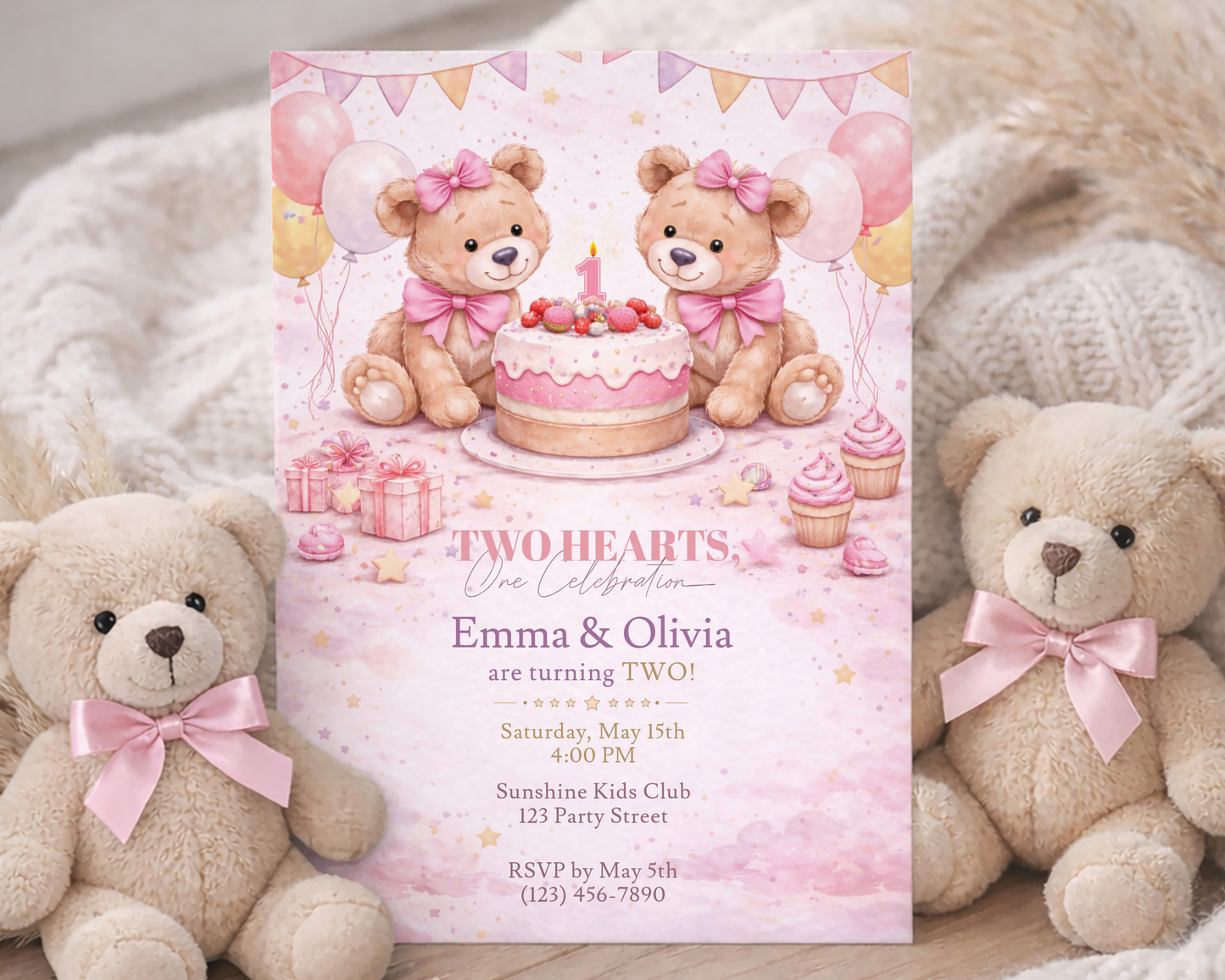 Pink Teddy Bear Birthday Invitation Template for Twin Girls - 1st, 2nd, 3rd Birthday