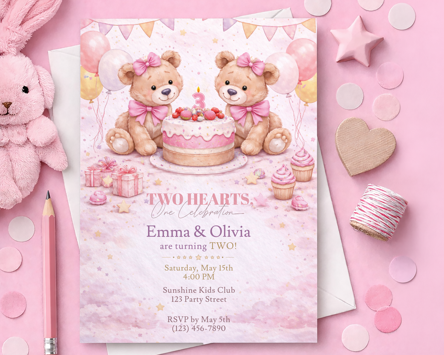 Pink Teddy Bear Birthday Invitation Template for Twin Girls - 1st, 2nd, 3rd Birthday