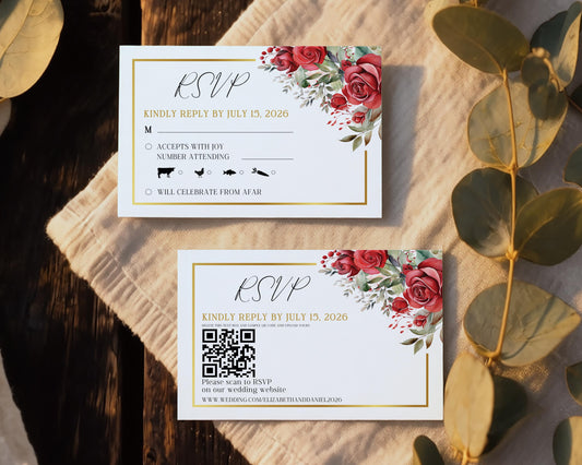 Red Roses Wedding RSVP Card Template