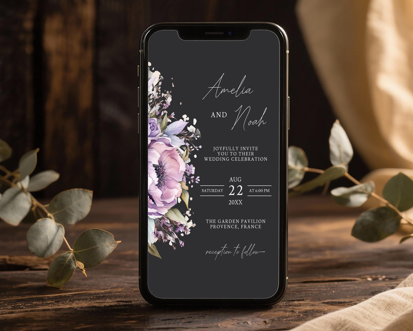 Purple Floral Mobile Wedding Invitation Template
