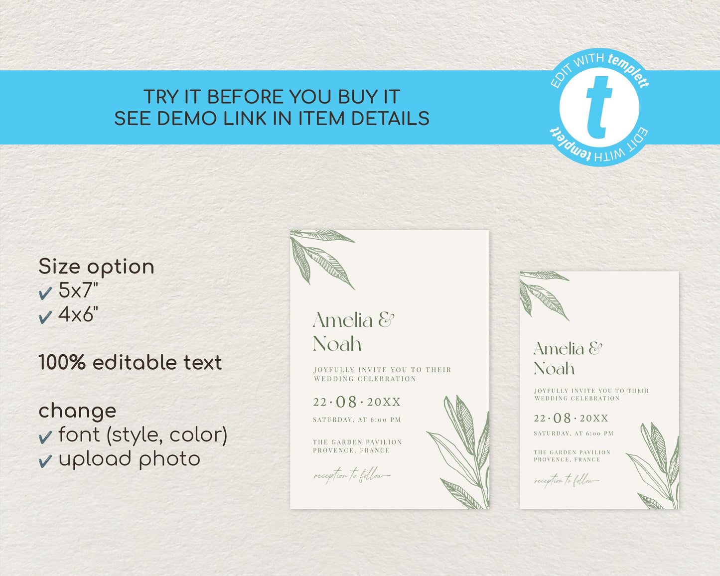 Sage Green Botanical Wedding Invitation Template
