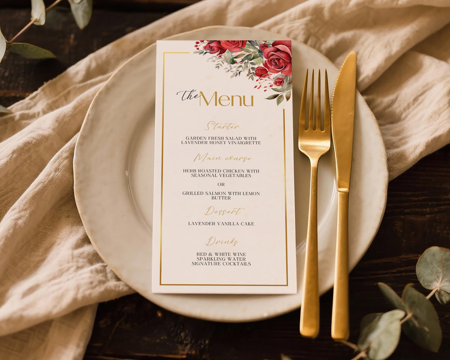 Red Roses Wedding Menu Card Template