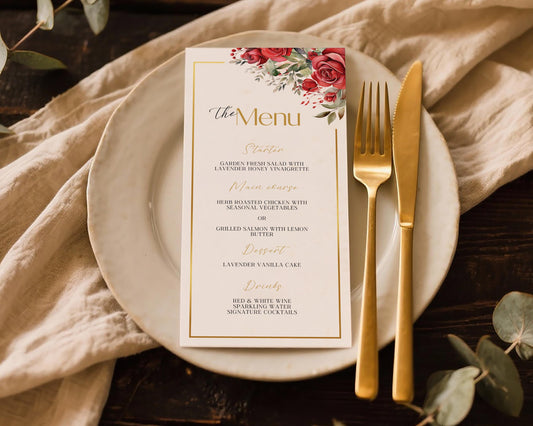 Red Roses Wedding Menu Card Template