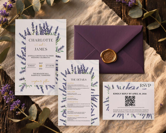 Lavender Wedding Invitation Suite - Invitation + RSVP + Details