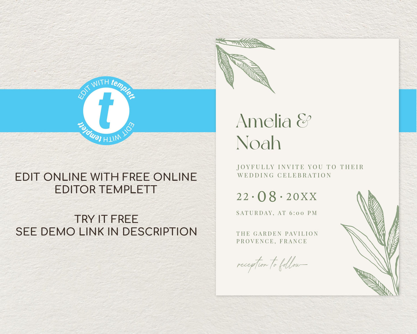 Sage Green Botanical Wedding Invitation Template