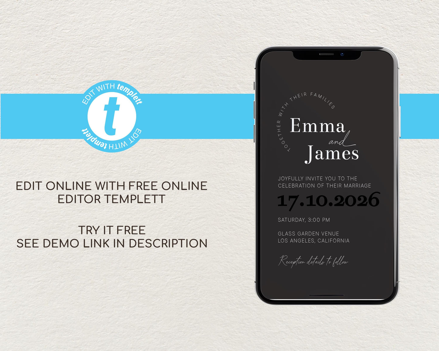 Black & White Mobile Wedding Invitation Template