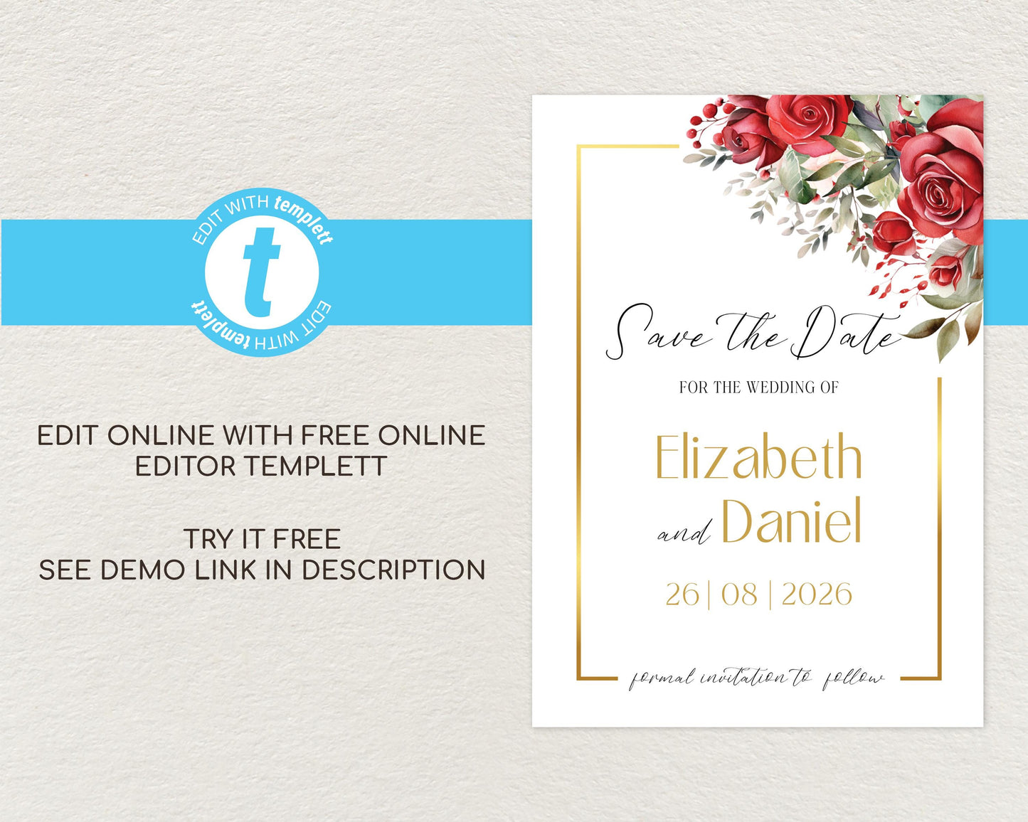Red Roses Wedding Save the Date Template