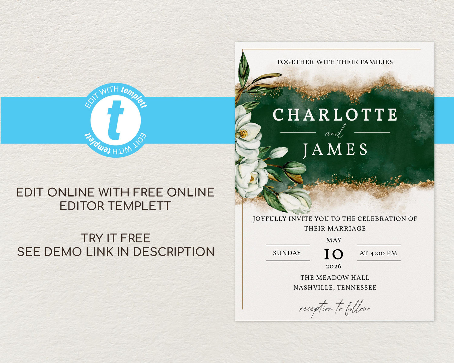 Green & Gold Magnolia Wedding Invitation Template