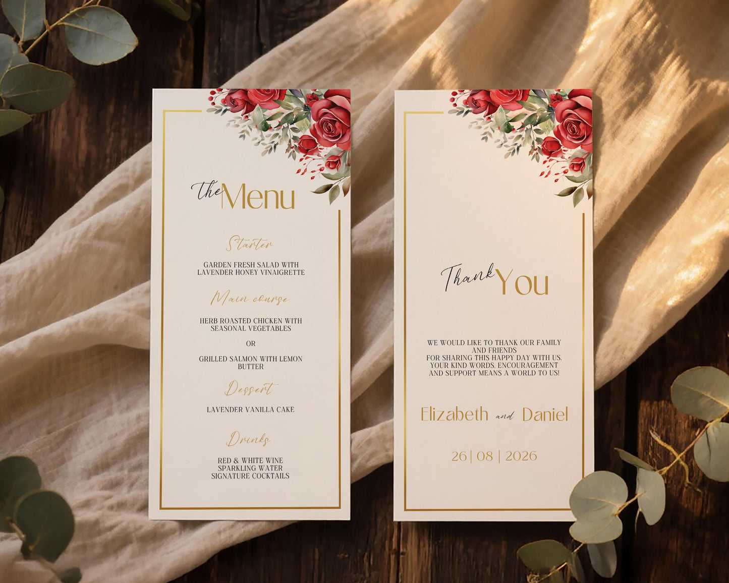 Red Roses Wedding Menu Card Template