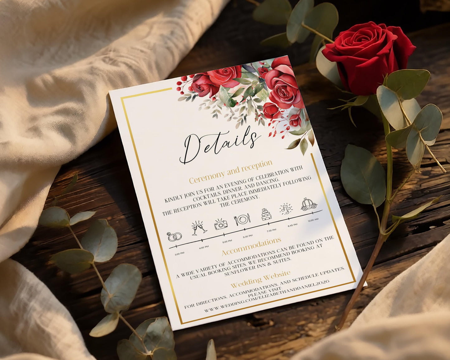 Red Roses Wedding Details Card Template