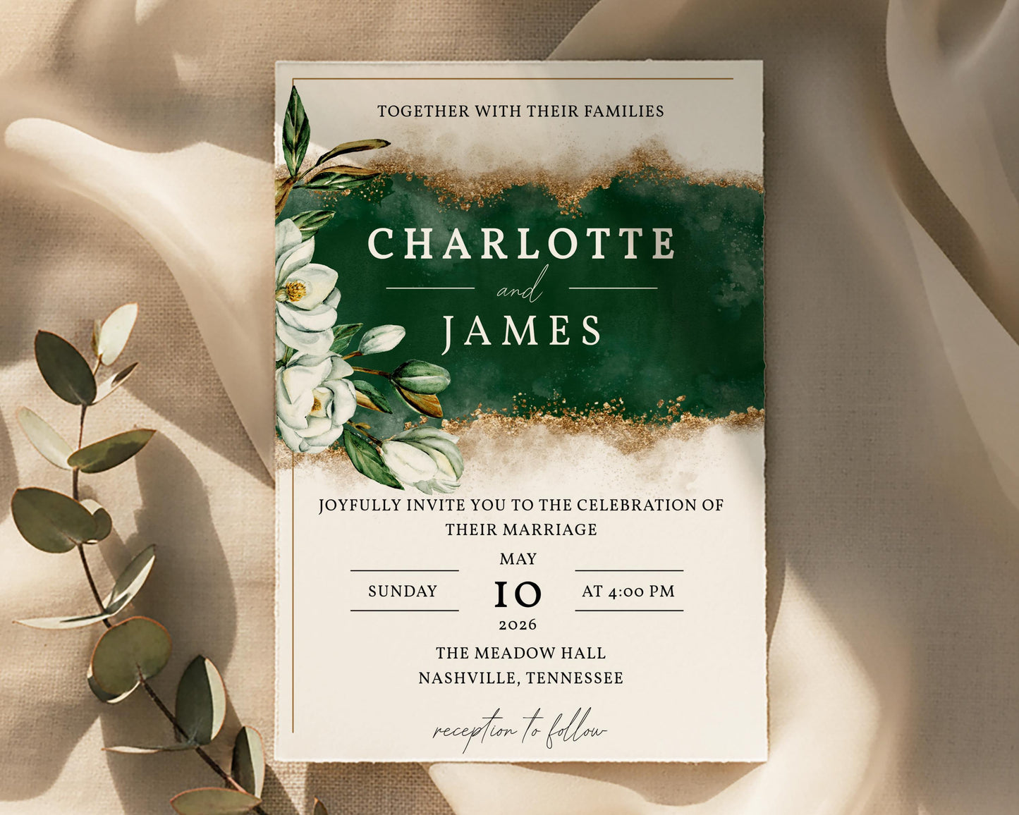 Green & Gold Magnolia Wedding Invitation Template
