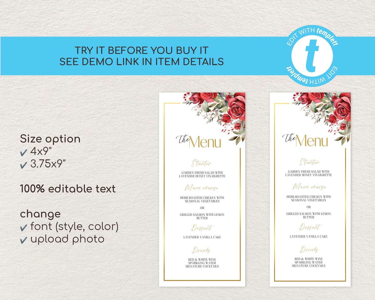 Red Roses Wedding Menu Card Template