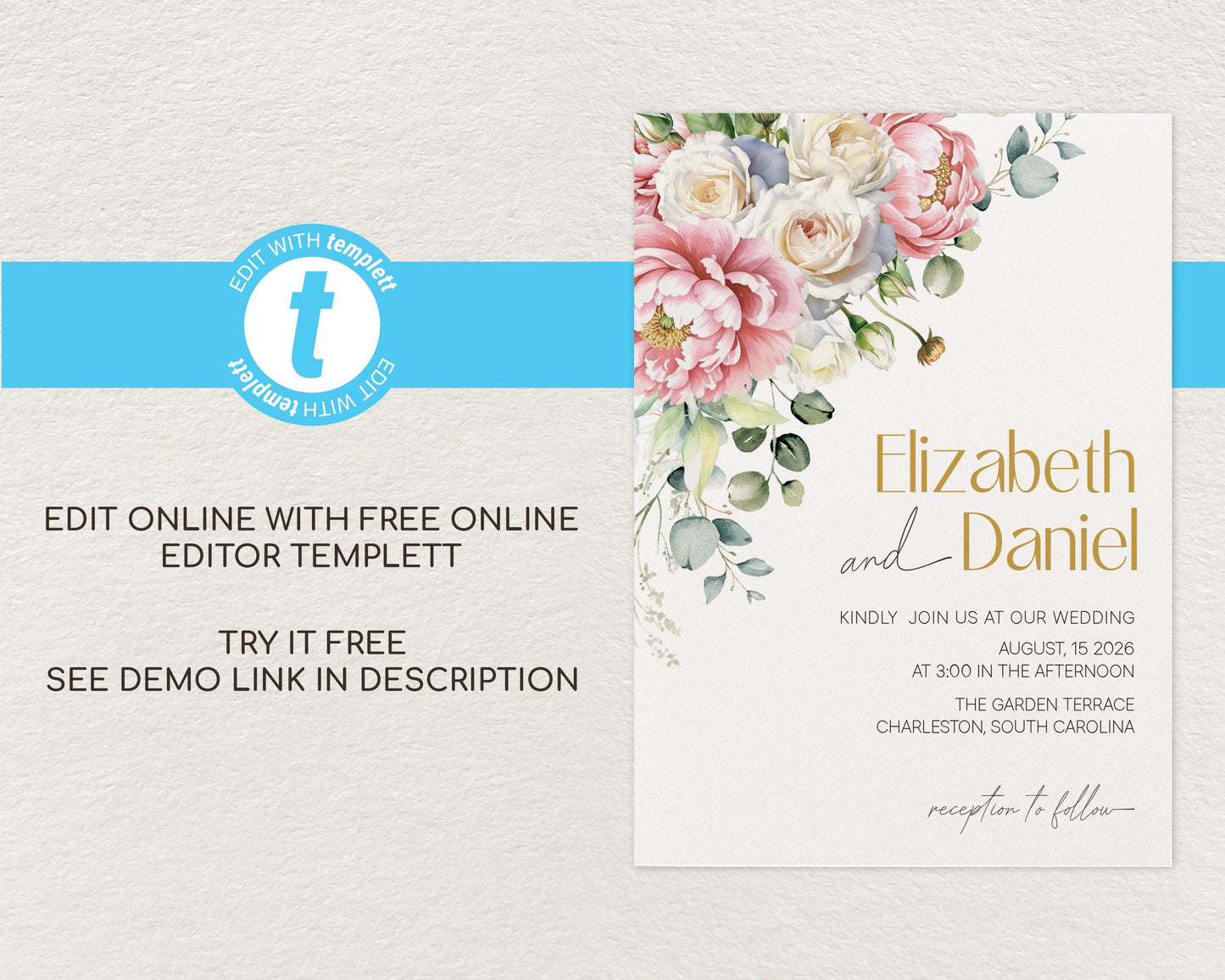 Blush Peony Wedding Invitation Template