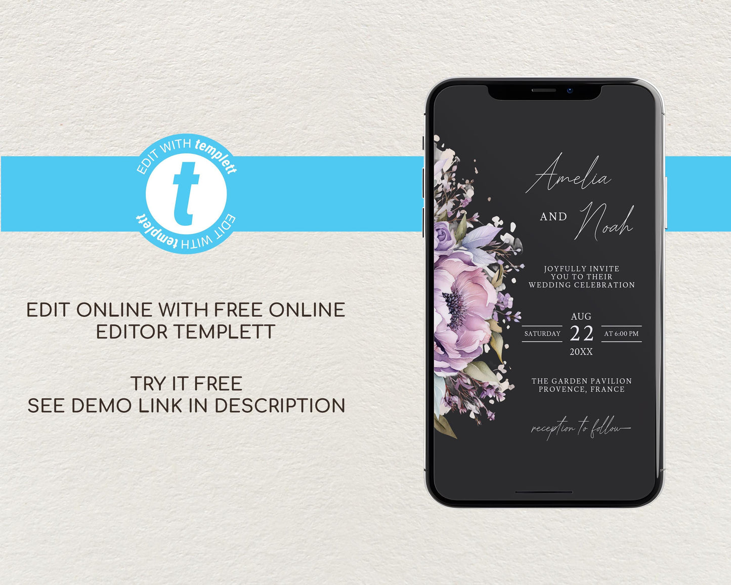 Purple Floral Mobile Wedding Invitation Template