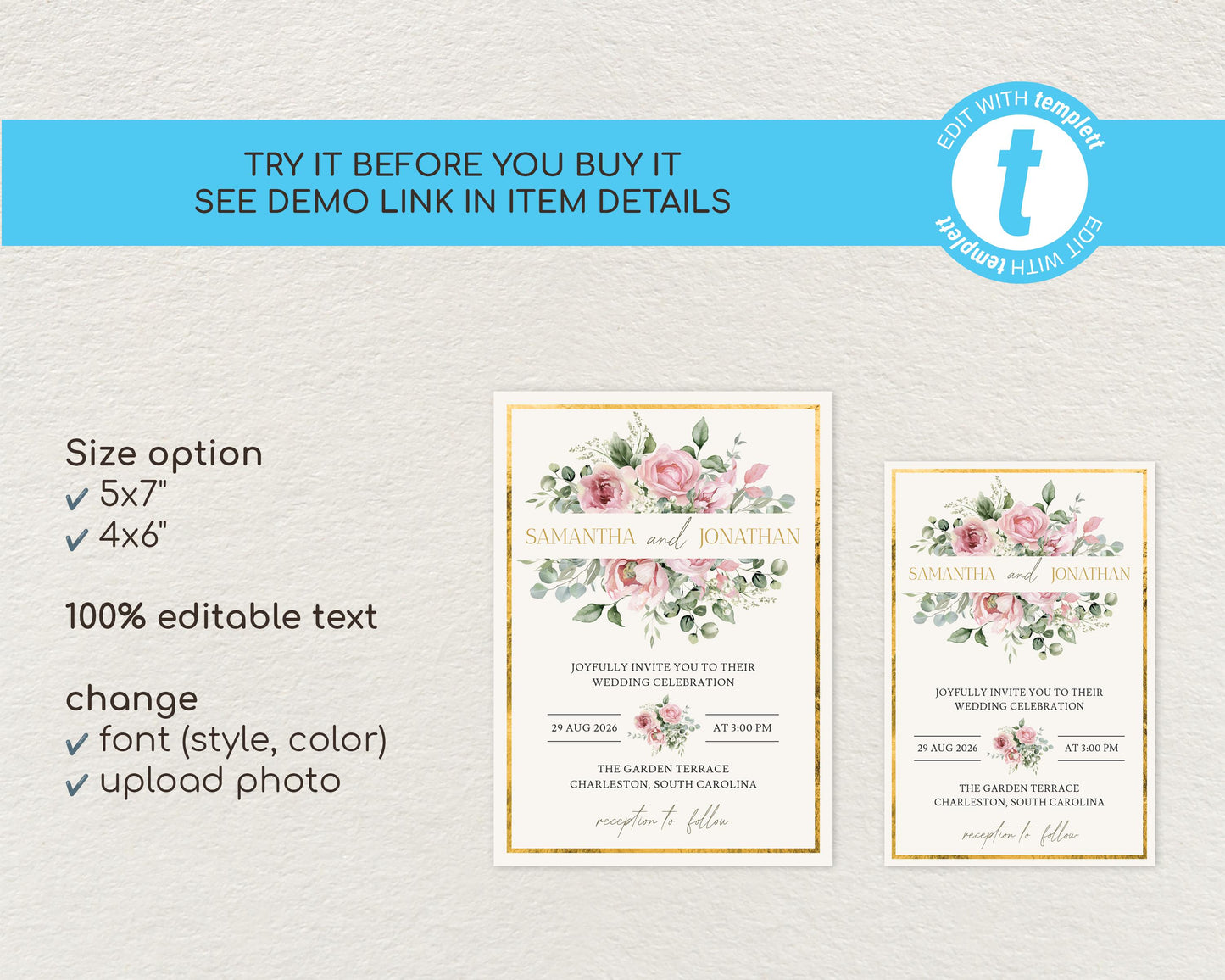 Blush Pink Floral Wedding Invitation Template