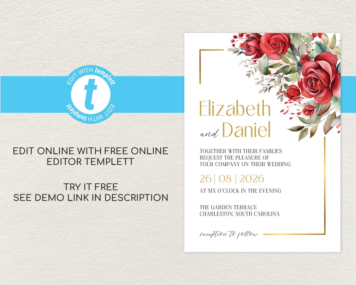 Red Roses Wedding Invitation Template