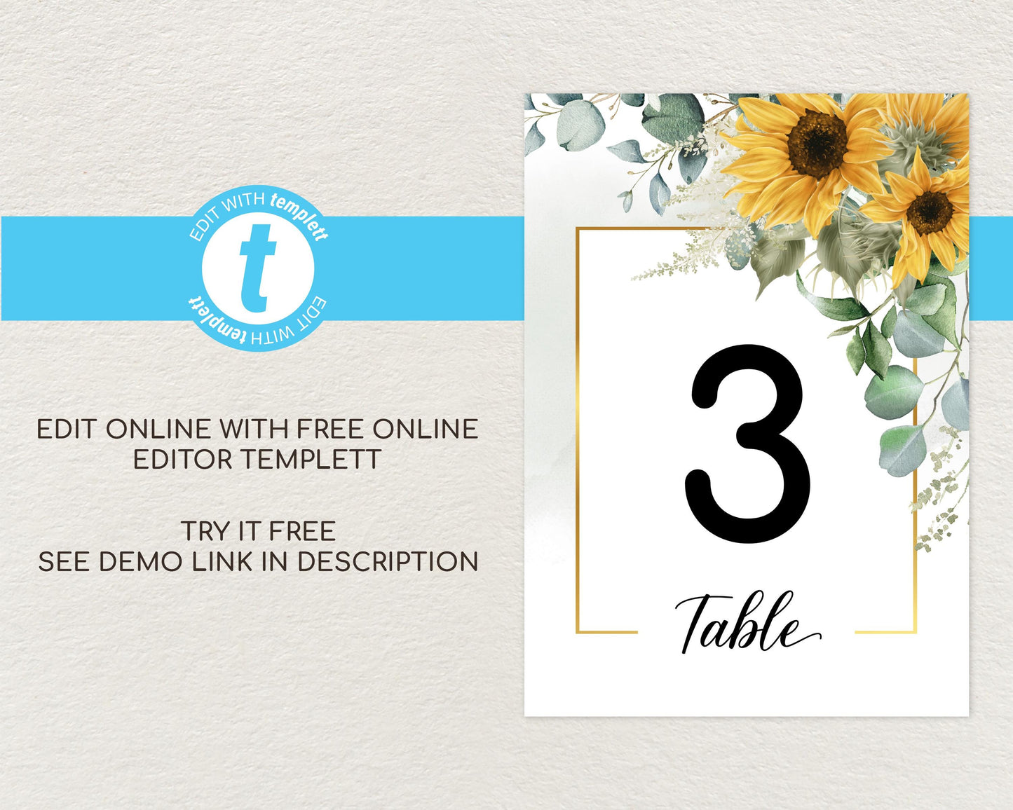 Sunflower Wedding Table Number Sign Template