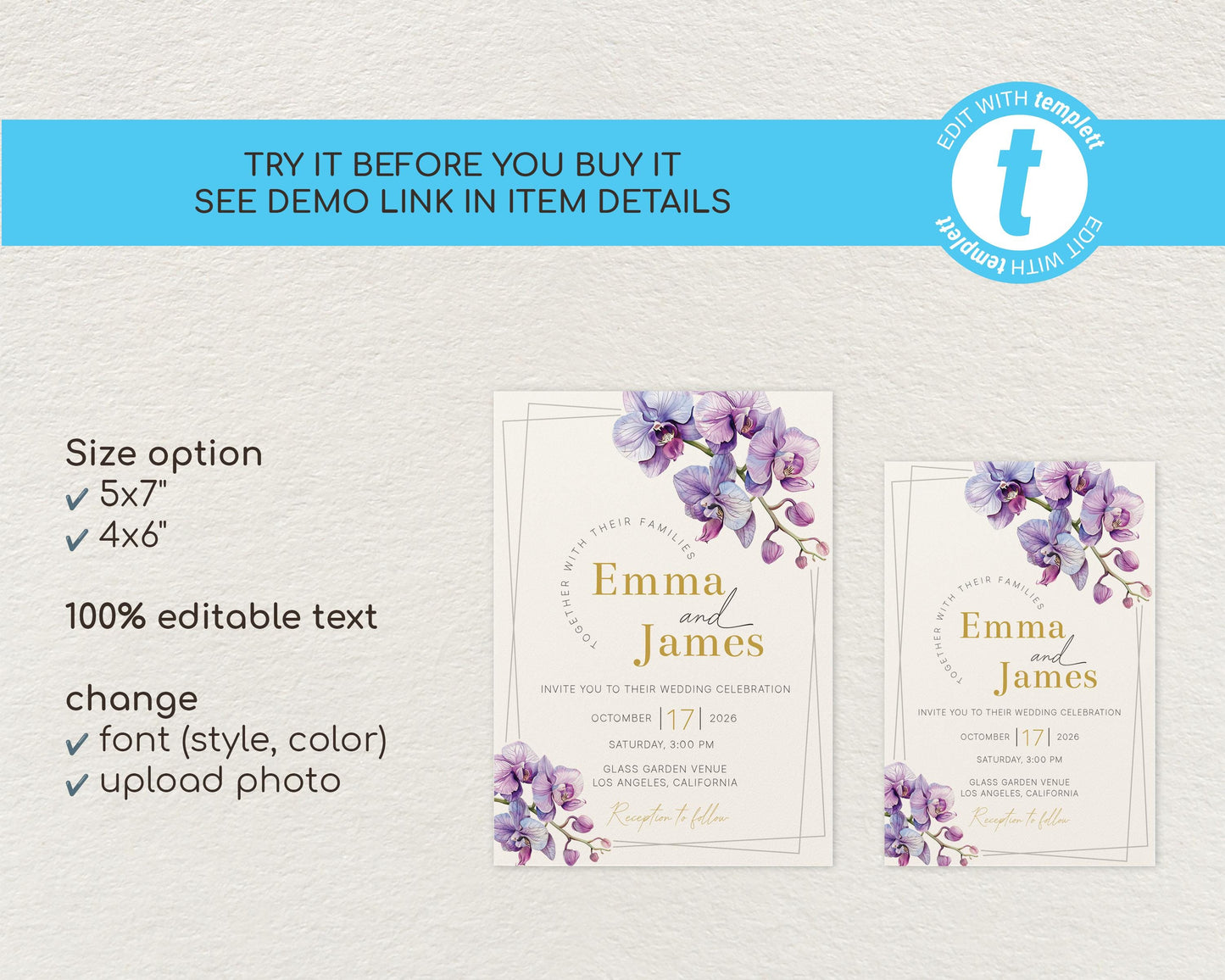 Purple Orchid Wedding Invitation Template