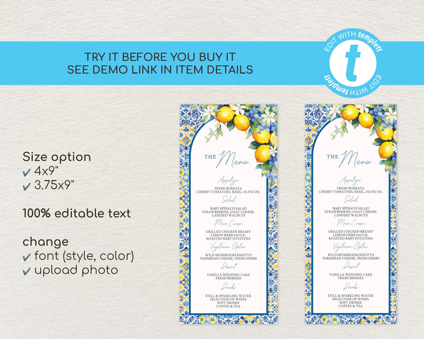 Lemon Wedding Menu Card Template