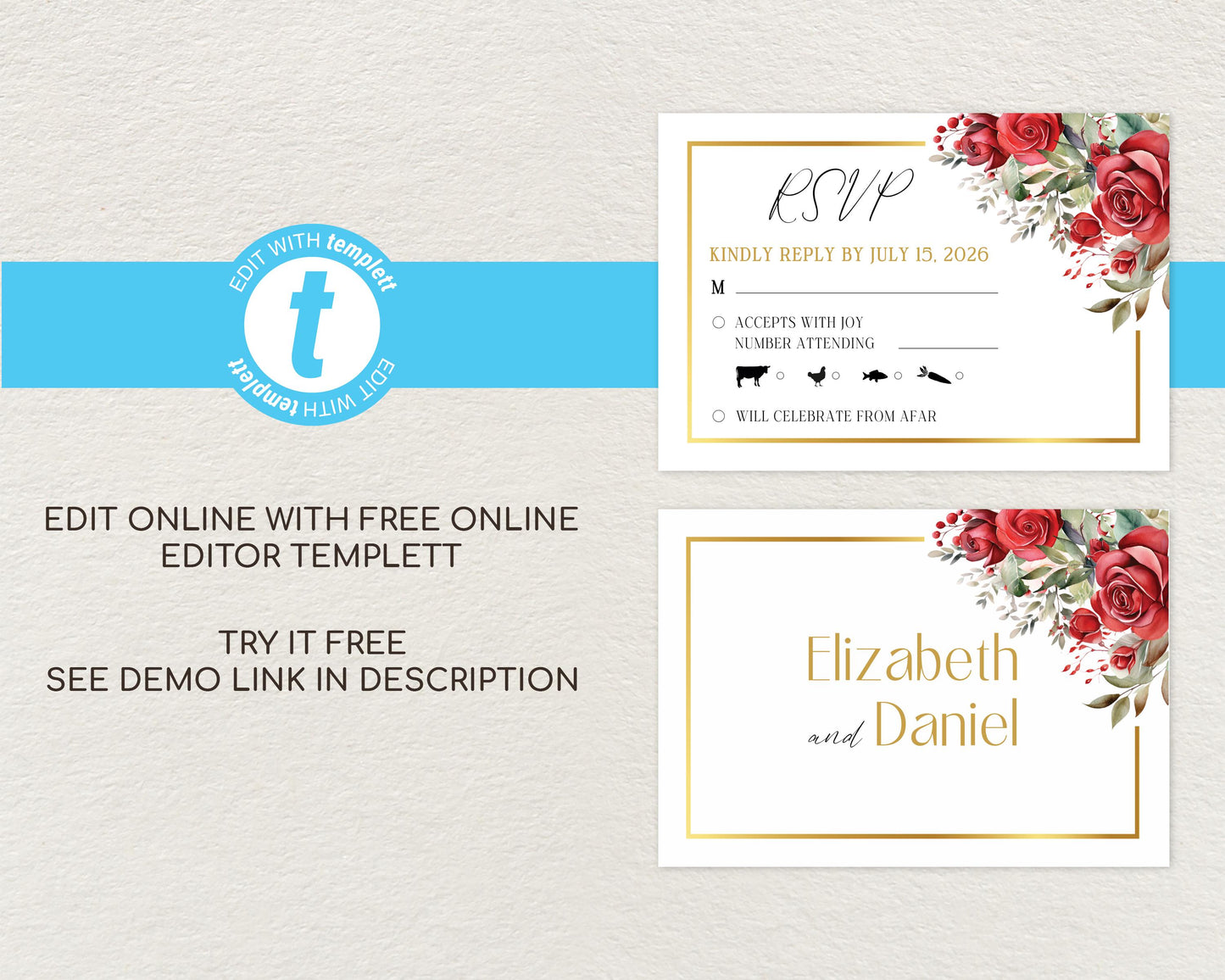 Red Roses Wedding RSVP Card Template