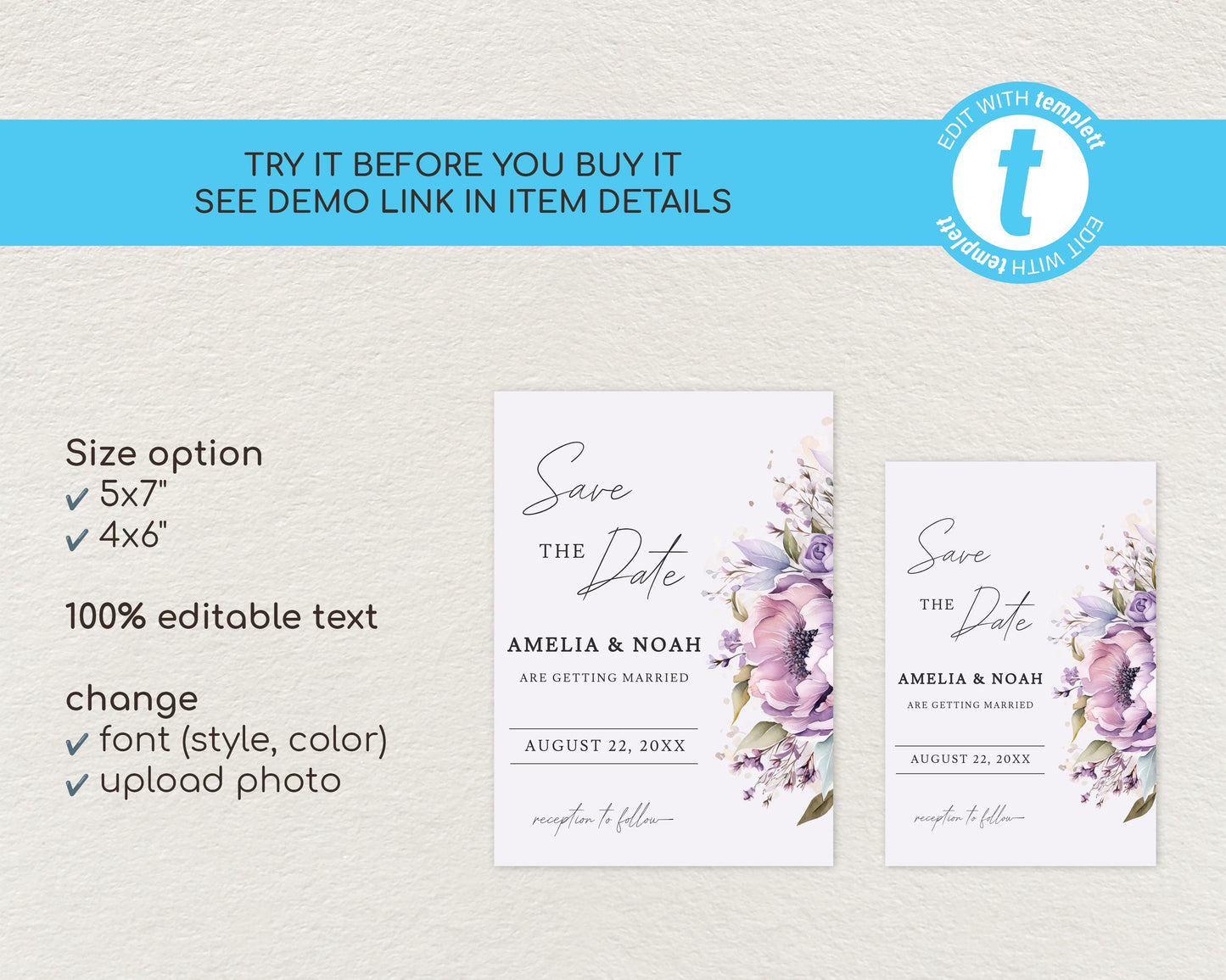 Purple Floral Save the Date Template