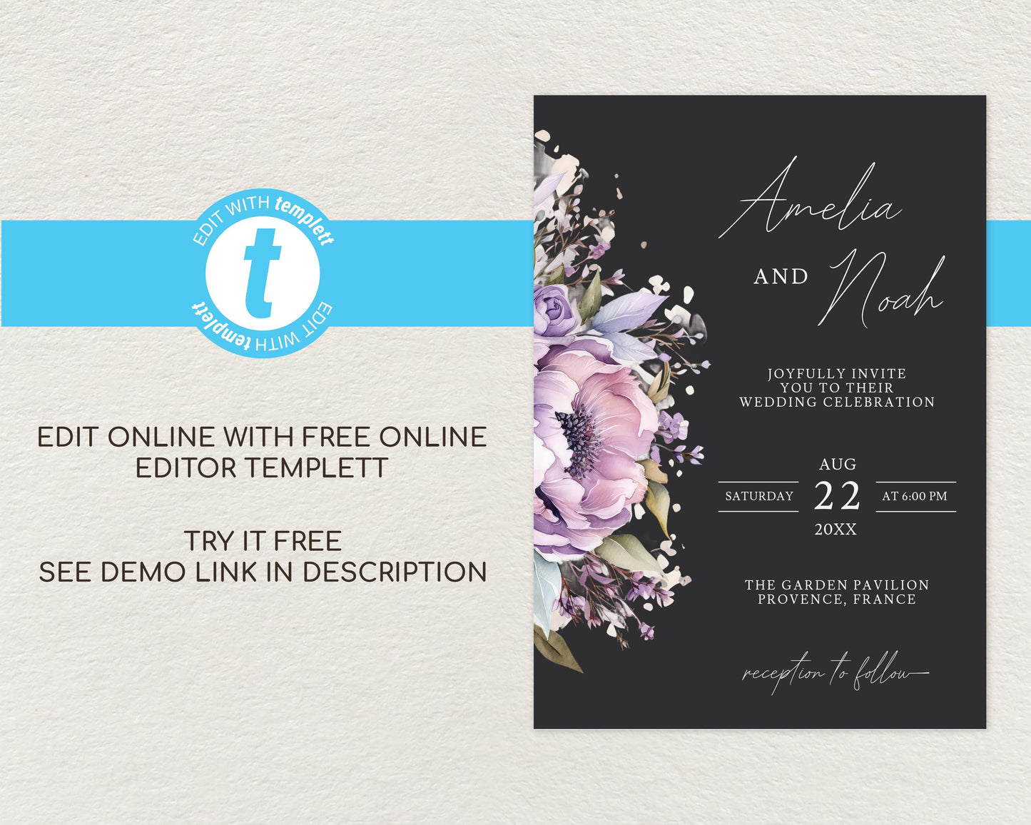 Purple Floral Wedding Invitation Template