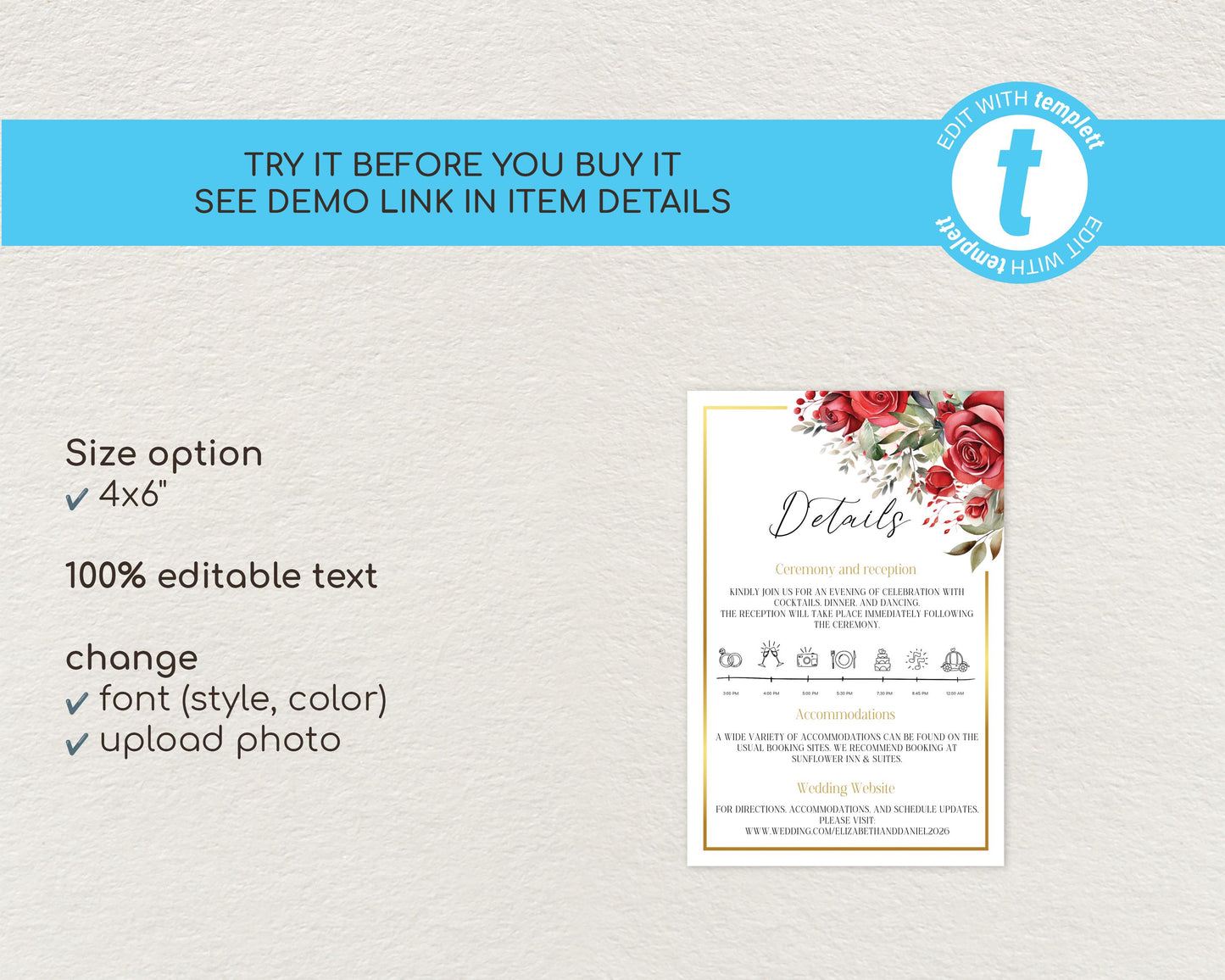 Red Roses Wedding Details Card Template