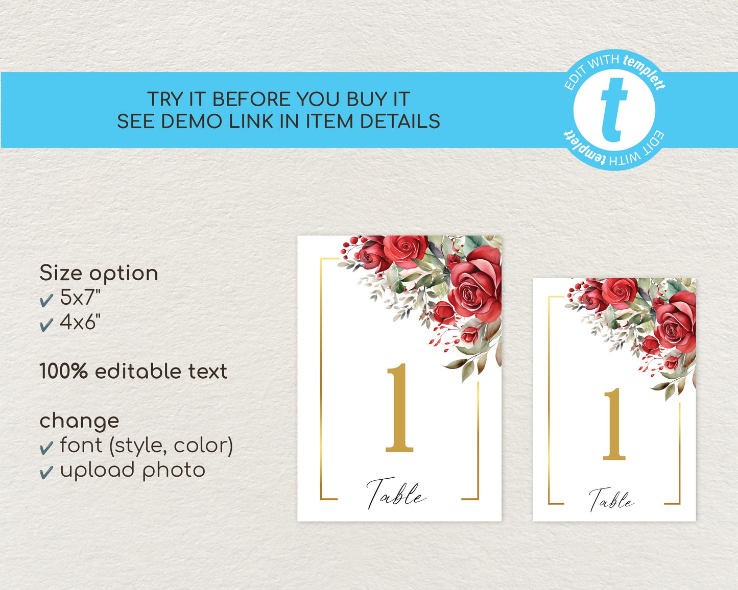 Red Roses Wedding Table Number Sign Template